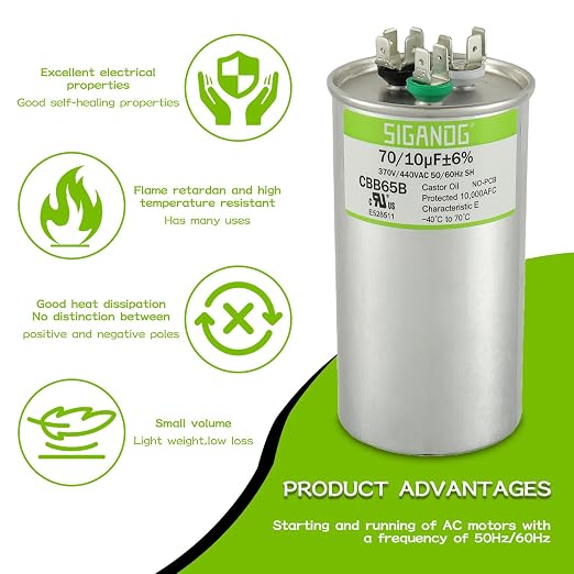 70/10 uF 70+10 MFD 370V or 440V CBB65 Dual Run Start Round Capacitor 70 10 uF MFD 370 440 Volt VAC for Condenser, alternate