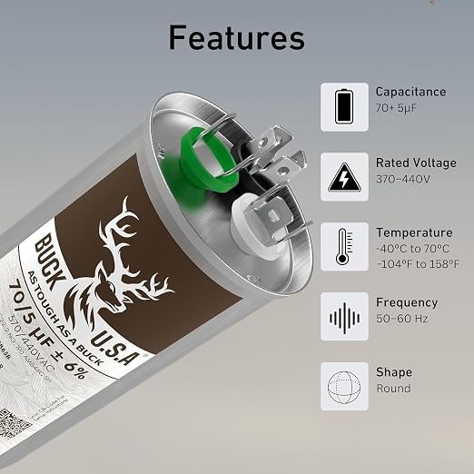 70+5uF 70/5 MFD ±6% CBB65B Dual Run Round Start Capacitor - Ideal for HVAC Systems, Air Conditioner Unit Fan, alternate view