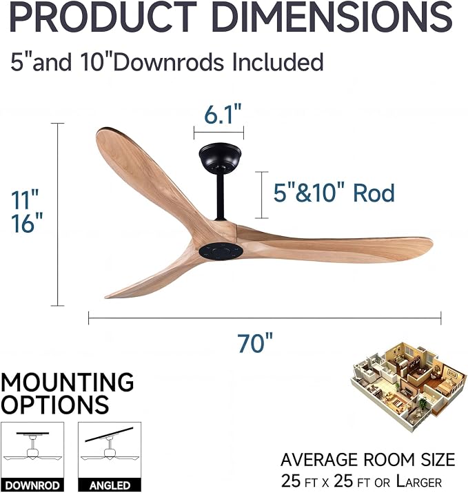 70" Farmhouse Ceiling Fan No Light, Wooden Ceiling Fan, Quiet DC Motor, 6-Speed Reversible Ceiling Fan for Living Room, Great