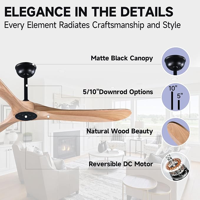 70" Farmhouse Ceiling Fan No Light, Wooden Ceiling Fan, Quiet DC Motor, 6-Speed Reversible Ceiling Fan for Living Room, Great