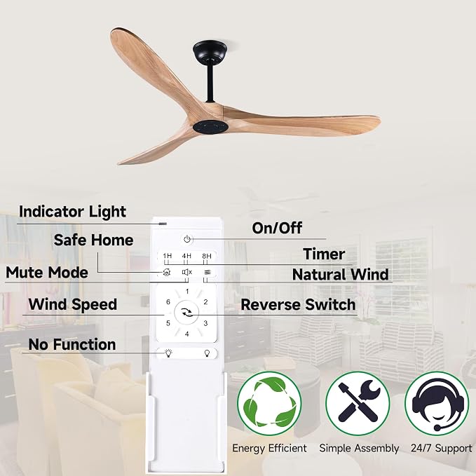 70" Farmhouse Ceiling Fan No Light, Wooden Ceiling Fan, Quiet DC Motor, 6-Speed Reversible Ceiling Fan for Living Room, Great