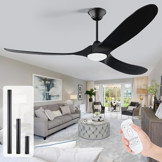 70 inch Black Outdoor Ceiling Fan with Light, Large Solid Wooden Damp Rated Ceiling Fan, DC Motor, 3CCT, Super quiet, Modern