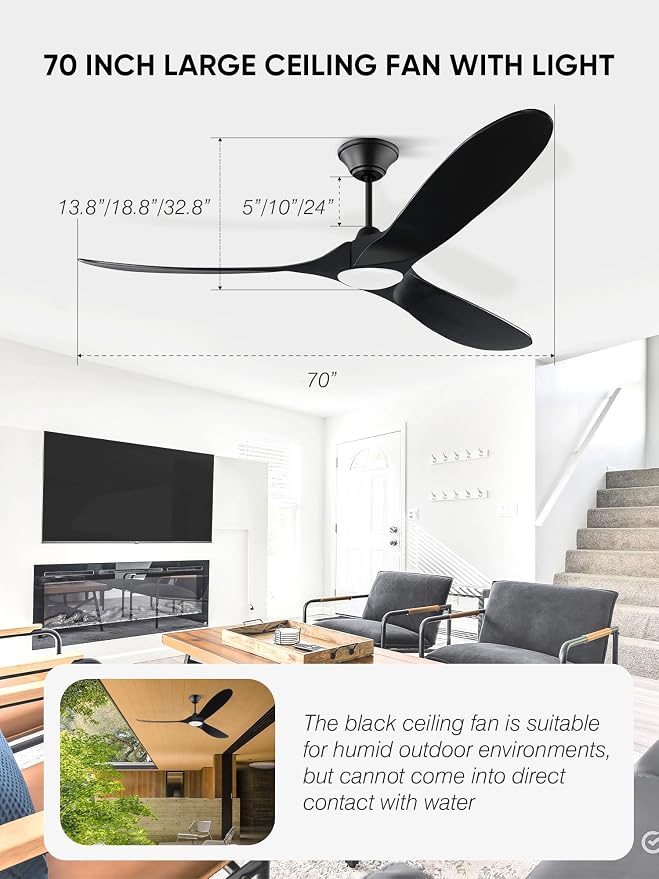 70 inch Black Outdoor Ceiling Fan with Light, Large Solid Wooden Damp Rated Ceiling Fan, DC Motor, 3CCT, Super quiet, Modern
