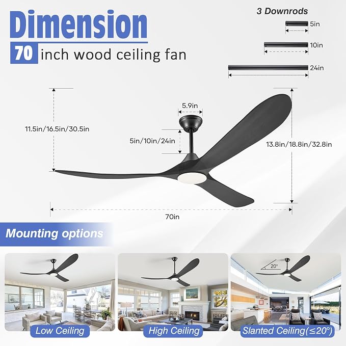 70 Inch Black Outdoor Ceiling Fans for Patios with Light, Large Modern Wood Ceiling Fan with Light and Remote, Quiet