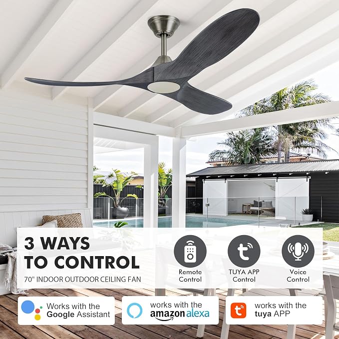 70 inch Large Ceiling Fans with Light, Modern Smart Ceiling Fan with Tuya App/ Alexa/ Google Assistant, Gray Solid Wood