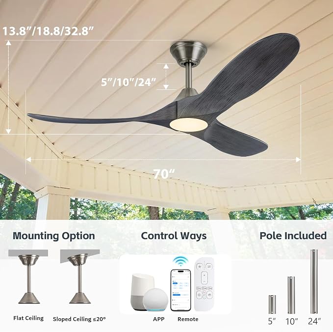 70 inch Large Ceiling Fans with Light, Modern Smart Ceiling Fan with Tuya App/ Alexa/ Google Assistant, Gray Solid Wood