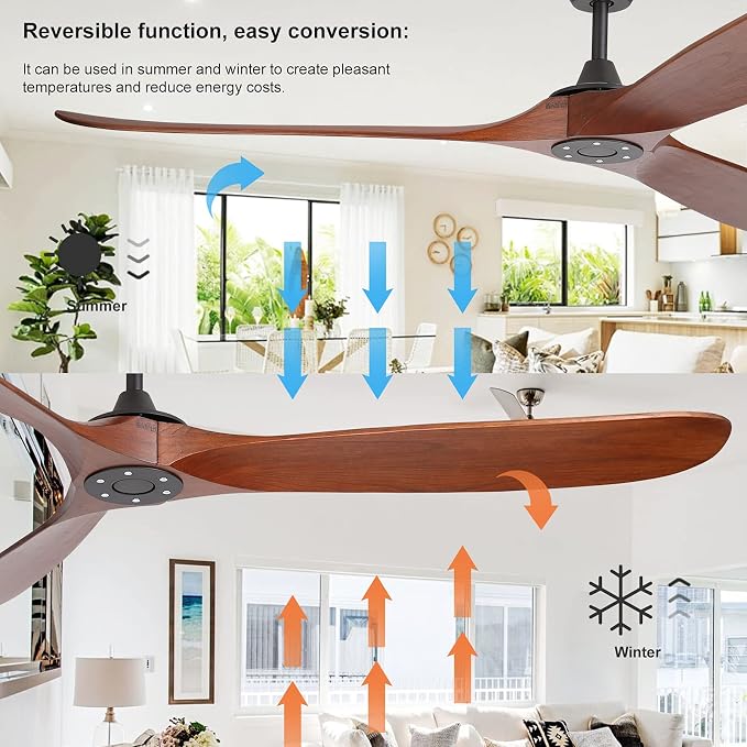 70 Inch Large Wood Ceiling Fan without Light, 3 Blade Indoor Outdoor High Airflow Silent Smart Ceiling Fans with Remote