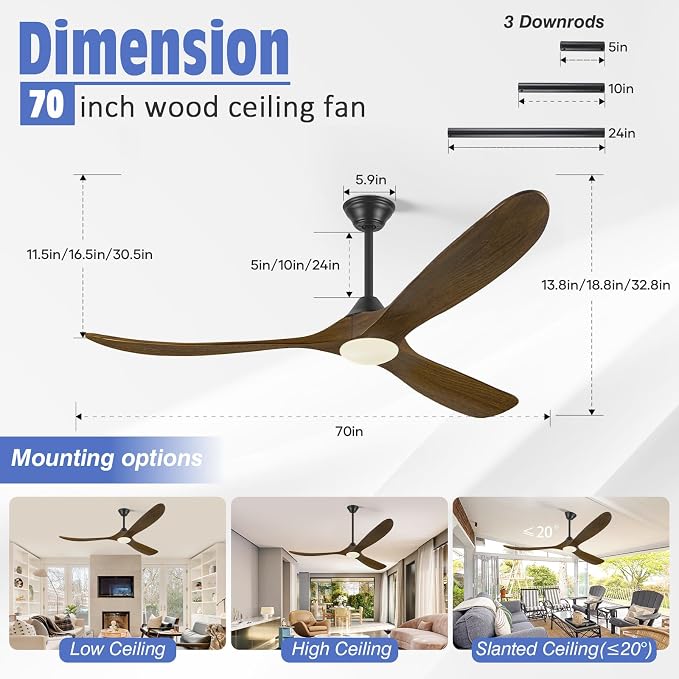 70 Inch Outdoor Ceiling Fan with Light, 3 Blade Wood Rustic Ceiling Fans with Lights Remote 6 Speed, High CFM Farmhouse