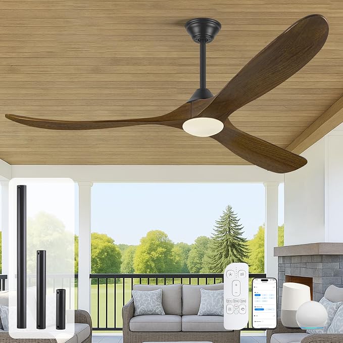 70 Inch Smart Ceiling Fan with Light, Large Farmhouse Ceiling Fans with Lights 3 Wood Blade Quiet Reversible DC Motor, Rustic