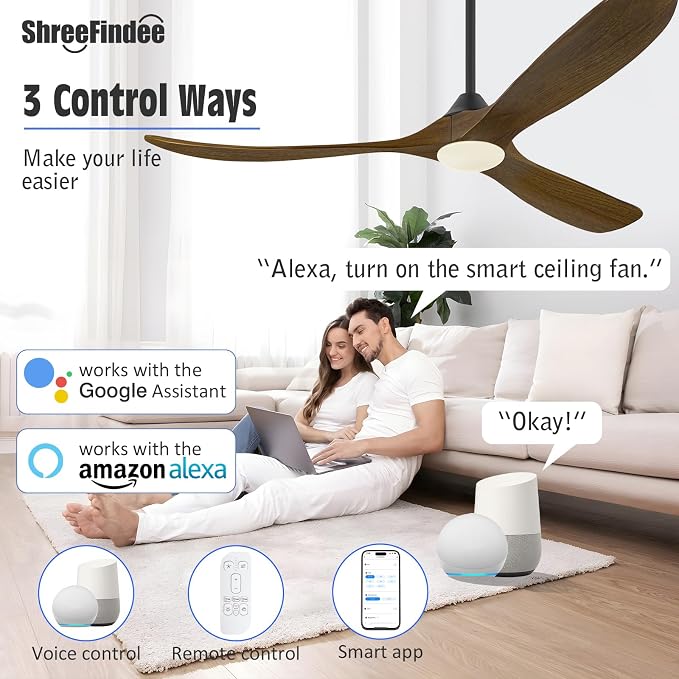 70 Inch Smart Ceiling Fan with Light, Large Farmhouse Ceiling Fans with Lights 3 Wood Blade Quiet Reversible DC Motor, Rustic