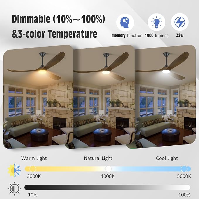 70 Inch Smart Ceiling Fan with Light, Large Farmhouse Ceiling Fans with Lights 3 Wood Blade Quiet Reversible DC Motor, Rustic