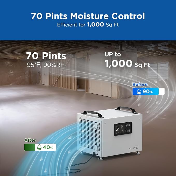 70 Pints Commercial Dehumidifier, Portable Crawl Space Dehumidifier for Basement Energy Star Certified Compact Dehumidifiers