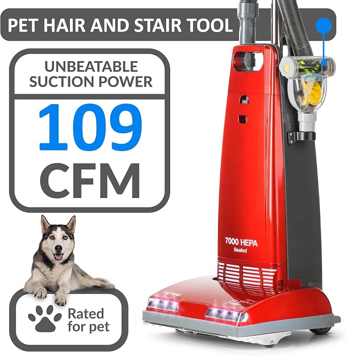 7000 Upright Vacuum – Powerful True HEPA Filtration, Bagged Dust Chamber, Stainless Steel Brush Roll, Onboard Tools