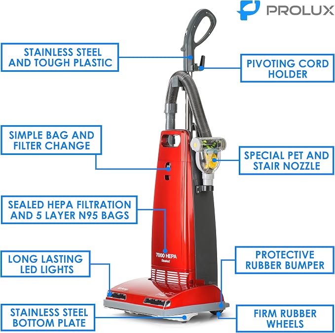 7000 Upright Vacuum – Powerful True HEPA Filtration, Bagged Dust Chamber, Stainless Steel Brush Roll, Onboard Tools