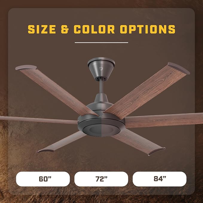 72" Bison Ceiling Fan, Black Motor, Walnut Foils, WiFi Smart Control, Large Room Indoor Fan, Quiet Energy-Efficient Motor