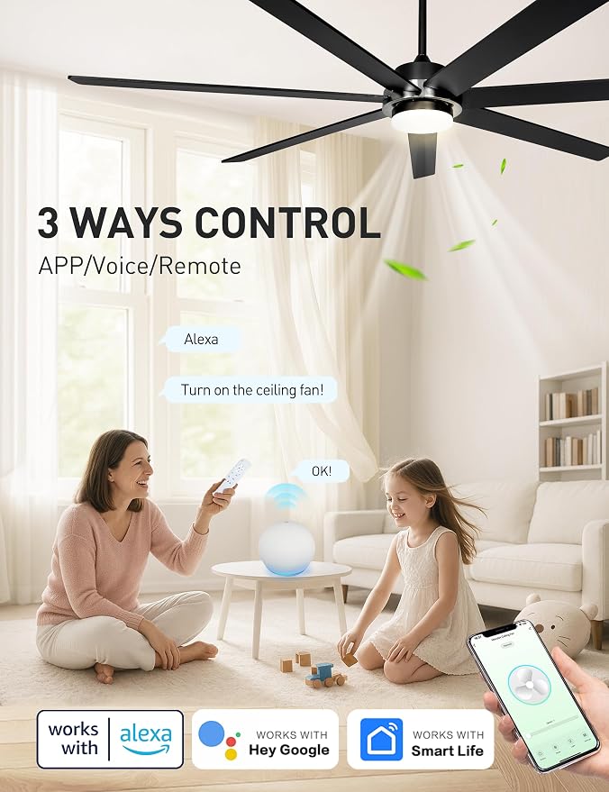 72" Black Smart Ceiling Fan with Light and Remote via WiFi Alexa APP Control,6 Speed Quiet DC Motor,Dimmable,7 Wood Blades