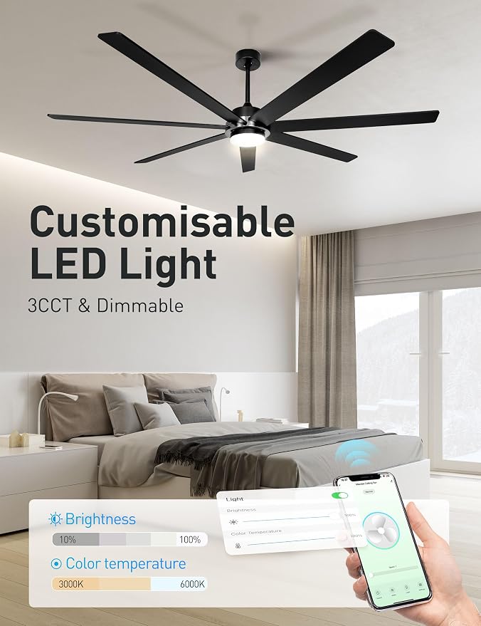 72" Black Smart Ceiling Fan with Light and Remote via WiFi Alexa APP Control,6 Speed Quiet DC Motor,Dimmable,7 Wood Blades