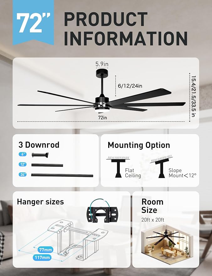 72" Black Smart Ceiling Fan with Light and Remote via WiFi Alexa APP Control,6 Speed Quiet DC Motor,Dimmable,7 Wood Blades