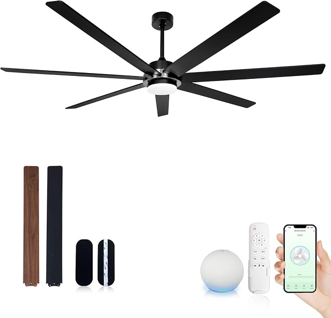 72" Black Smart Ceiling Fan with Light and Remote via WiFi Alexa APP Control,6 Speed Quiet DC Motor,Dimmable,7 Wood Blades