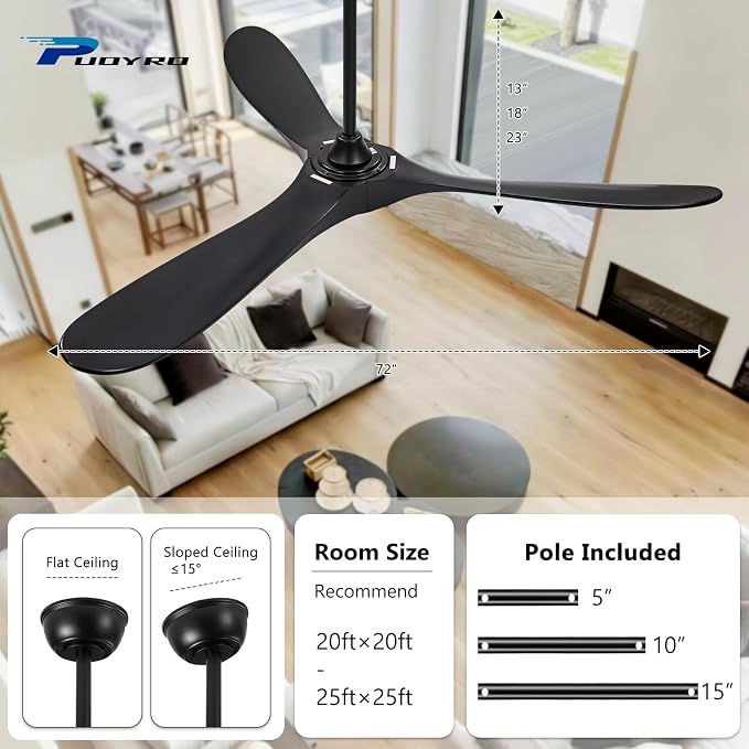 72" Ceiling Fan with Light and Remote, 6-Speed Dimmable Outdoor Ceiling Fan, High CFM Quiet 3 Blade Wood Ceiling Fan, Modern