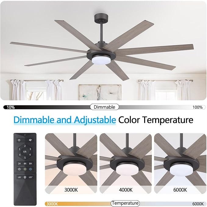 72" Ceiling Fan with Light and Remote Control, 6 Speed Reversible DC Motor, Dimmable LED Light, for Home and Commercial Use