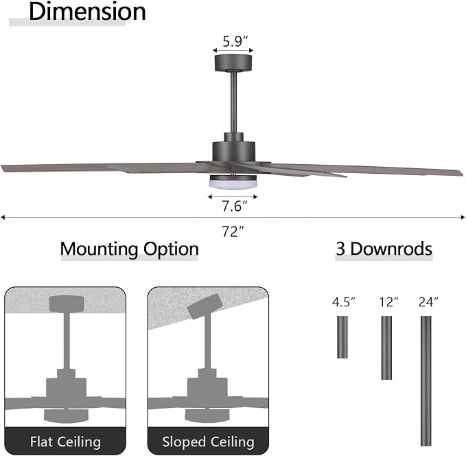 72" Ceiling Fan with Light and Remote Control, 6 Speed Reversible DC Motor, Dimmable LED Light, for Home and Commercial Use