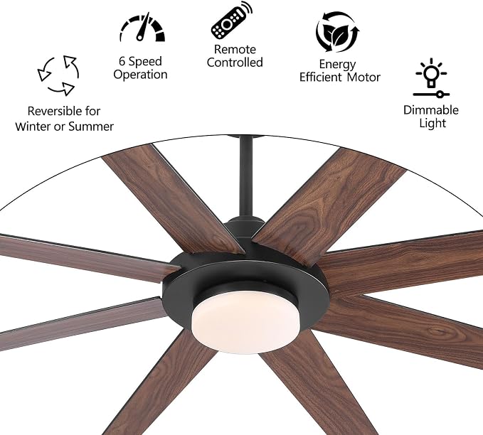 72" Ceiling Fan with Light and Remote Control, 6 Speed Reversible DC Motor, Dimmable LED Light, for Home and Commercial Use