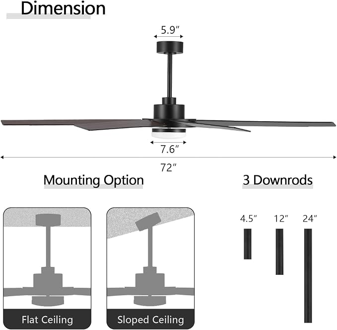 72" Ceiling Fan with Light and Remote Control, 6 Speed Reversible DC Motor, Dimmable LED Light, for Home and Commercial Use
