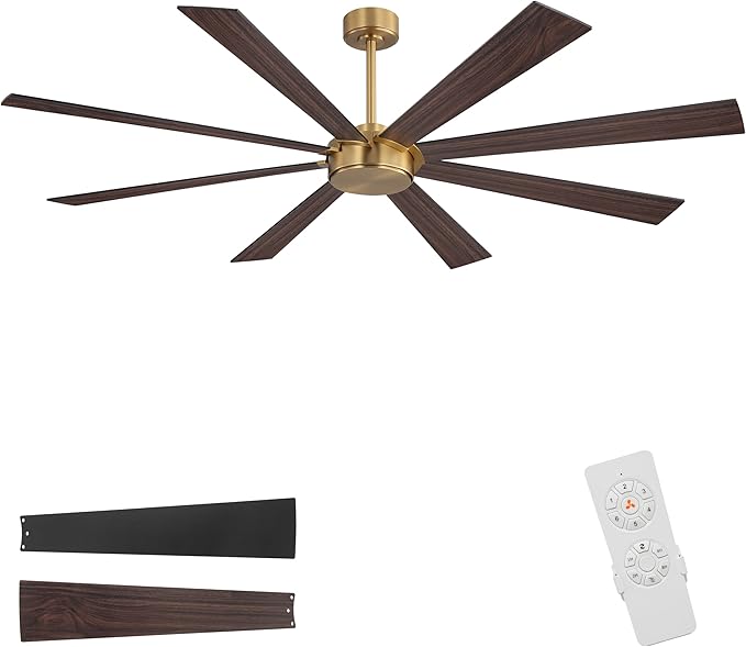 72" Ceiling Fan without Light, Modern Large Ceiling Fan with Remote Control, 6-Speed Reversible Noiseless DC Motor, Gold and