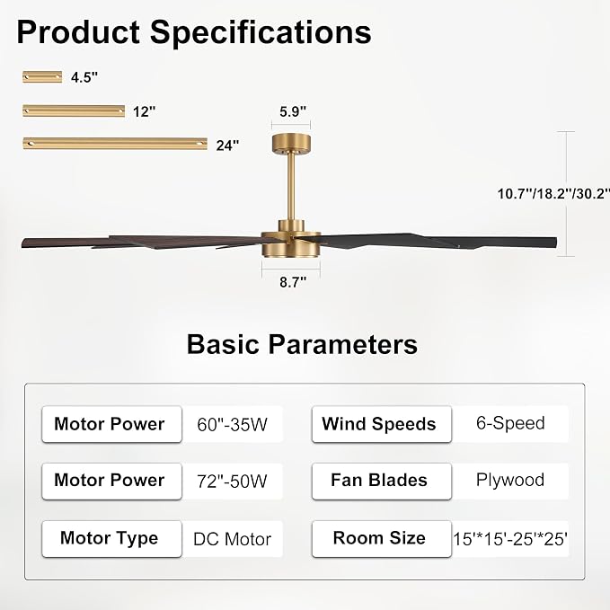 72" Ceiling Fan without Light, Modern Large Ceiling Fan with Remote Control, 6-Speed Reversible Noiseless DC Motor, Gold and