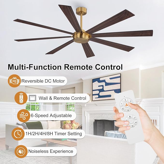 72" Ceiling Fan without Light, Modern Large Ceiling Fan with Remote Control, 6-Speed Reversible Noiseless DC Motor, Gold and