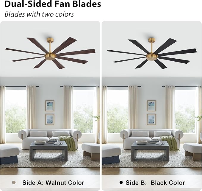 72" Ceiling Fan without Light, Modern Large Ceiling Fan with Remote Control, 6-Speed Reversible Noiseless DC Motor, Gold and