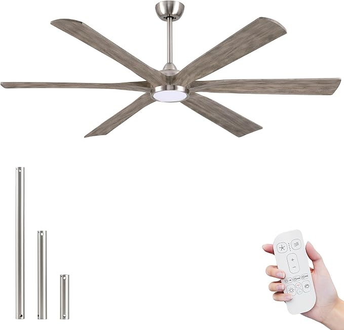 72'' Ceiling Fans with Lights and Remote, Indoor Outdoor Ceiling Fan for Patios, 6 Gray Wood Blades,Rustic Farmhouse Large