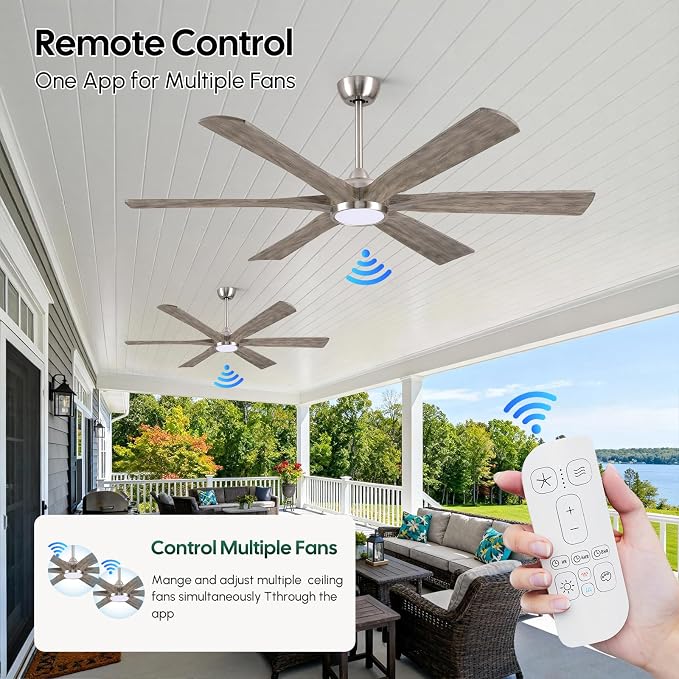 72'' Ceiling Fans with Lights and Remote, Indoor Outdoor Ceiling Fan for Patios, 6 Gray Wood Blades,Rustic Farmhouse Large