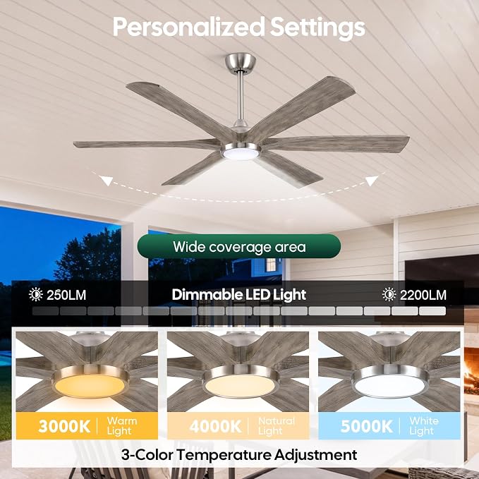 72'' Ceiling Fans with Lights and Remote, Indoor Outdoor Ceiling Fan for Patios, 6 Gray Wood Blades,Rustic Farmhouse Large