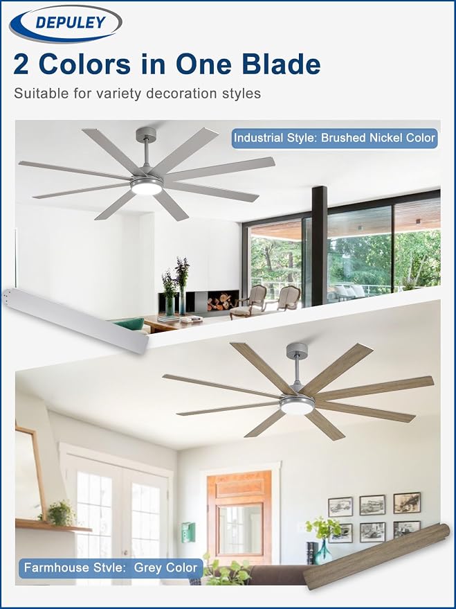 72" Ceiling Fans with Lights: Large Indoor/Outdoor Ceiling Fan for Patios Living Room - 8 Blades Silver Dimmable Ceiling Fans