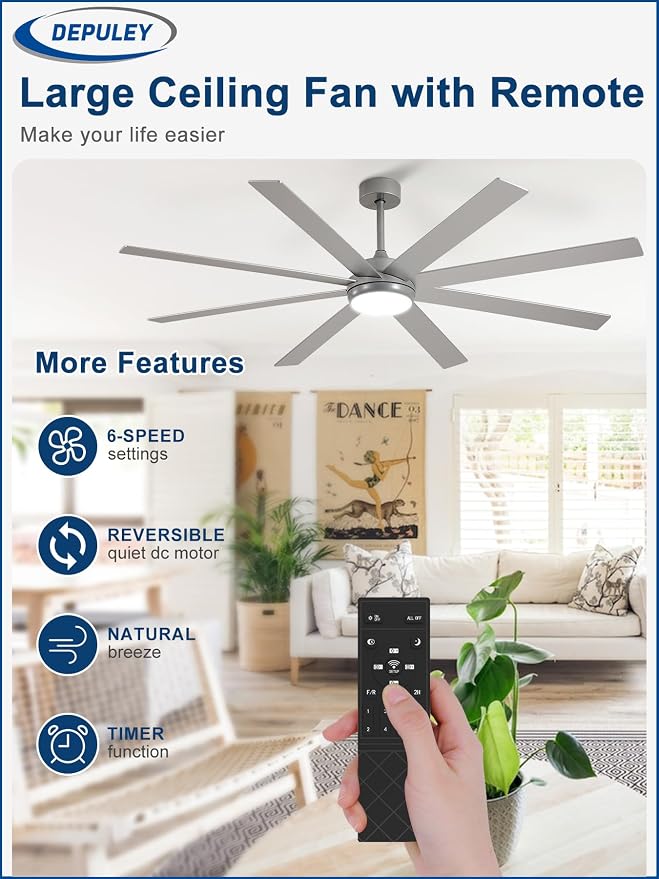 72" Ceiling Fans with Lights: Large Indoor/Outdoor Ceiling Fan for Patios Living Room - 8 Blades Silver Dimmable Ceiling Fans
