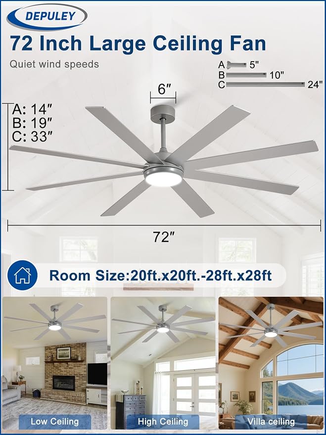 72" Ceiling Fans with Lights: Large Indoor/Outdoor Ceiling Fan for Patios Living Room - 8 Blades Silver Dimmable Ceiling Fans