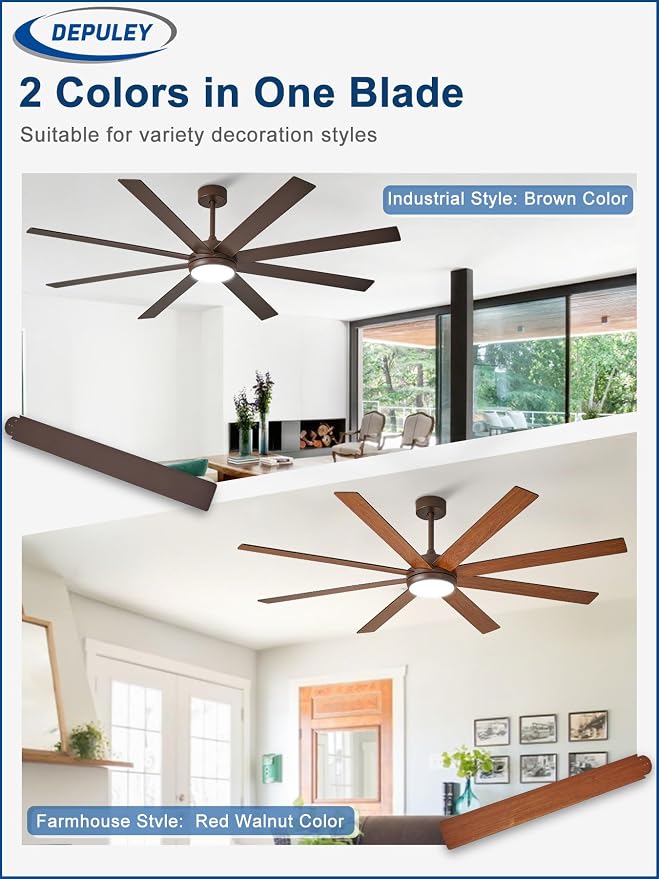 72" Ceiling Fans with Lights: Large Indoor/Outdoor Ceiling Fan for Patios Living Room - 8 Blades Brown Dimmable Ceiling Fans