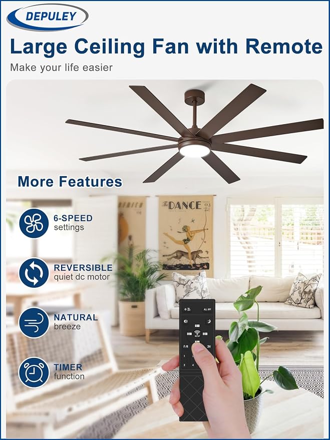 72" Ceiling Fans with Lights: Large Indoor/Outdoor Ceiling Fan for Patios Living Room - 8 Blades Brown Dimmable Ceiling Fans