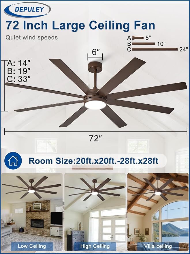 72" Ceiling Fans with Lights: Large Indoor/Outdoor Ceiling Fan for Patios Living Room - 8 Blades Brown Dimmable Ceiling Fans