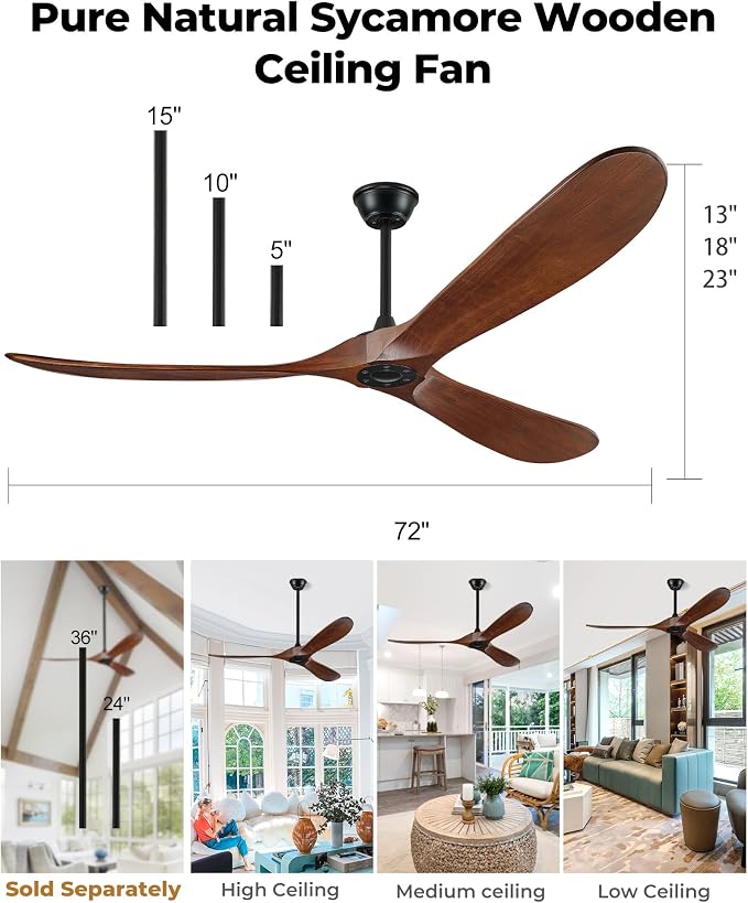 72" Ceiling Fans Without Lights, 72 inch Ceiling Fan No Light, High CFM Quiet 3 Blade Wood Walnut Ceiling Fan, Large Modern
