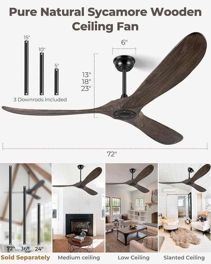 72" Ceiling Fans Without Lights, Solid Wood Ceiling Fan with Remote Control and Quiet DC Motor, Ceiling Fan no Light 3