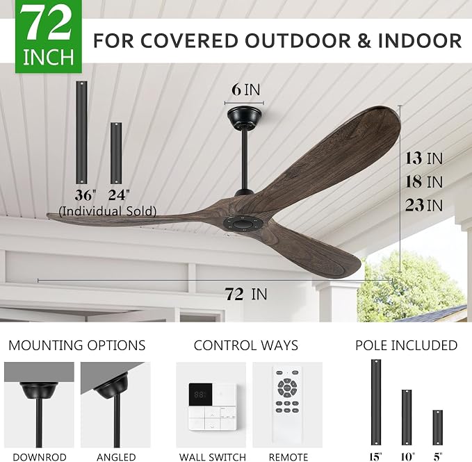 72" Ceiling Fans Without Lights, Wood Ceiling Fan no Light with Remote, Large Outdoor Ceiling Fan for Patio, Porch, Bedroom
