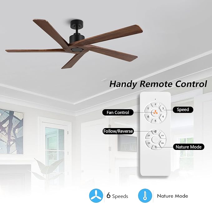72" DC Ceiling Fan No Light with 3 Downrods, 5 Carved Solid Wood Blades, 6-Speed Reversible DC Motor, Large Ceiling Fan