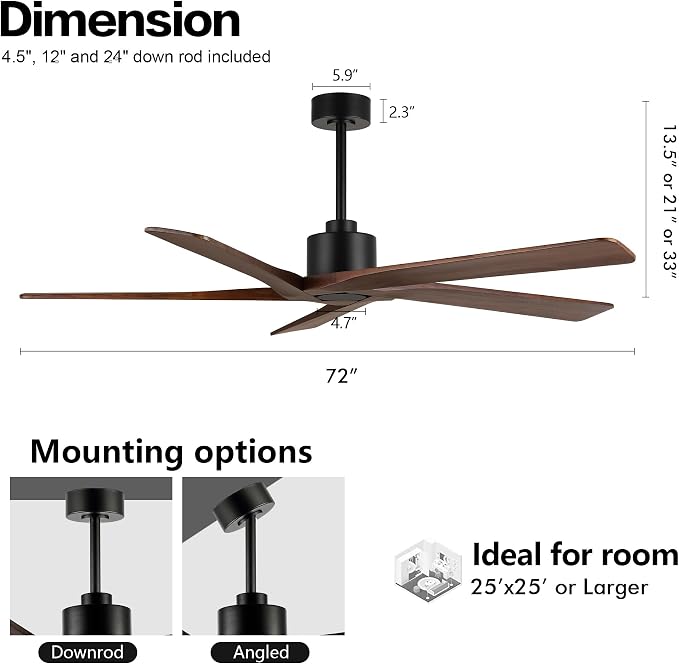 72" DC Ceiling Fan No Light with 3 Downrods, 5 Carved Solid Wood Blades, 6-Speed Reversible DC Motor, Large Ceiling Fan