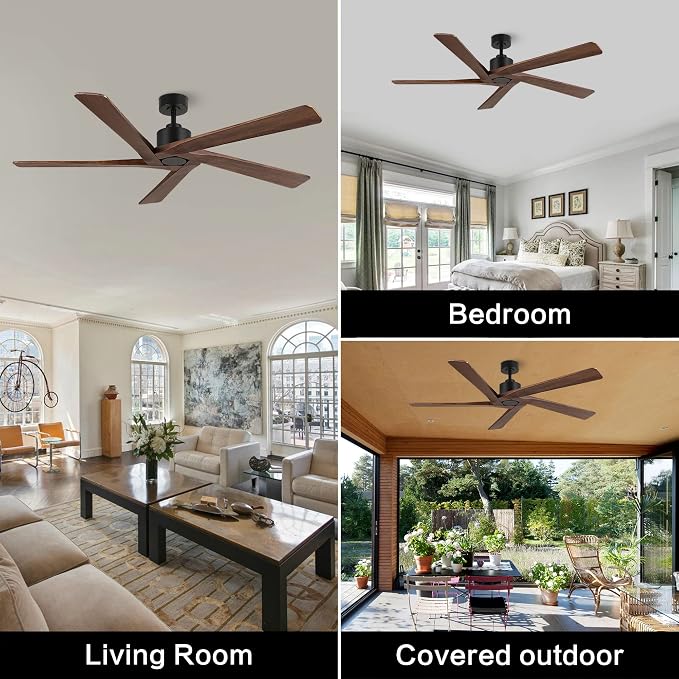 72" DC Ceiling Fan No Light with 3 Downrods, 5 Carved Solid Wood Blades, 6-Speed Reversible DC Motor, Large Ceiling Fan