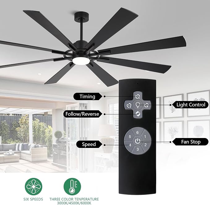 72" DC Ceiling Fan with Lights and 3 Downrods, Matte Black, 8 Plywood Blades, 6-Speed Reversible DC Motor, Large for Kitchen