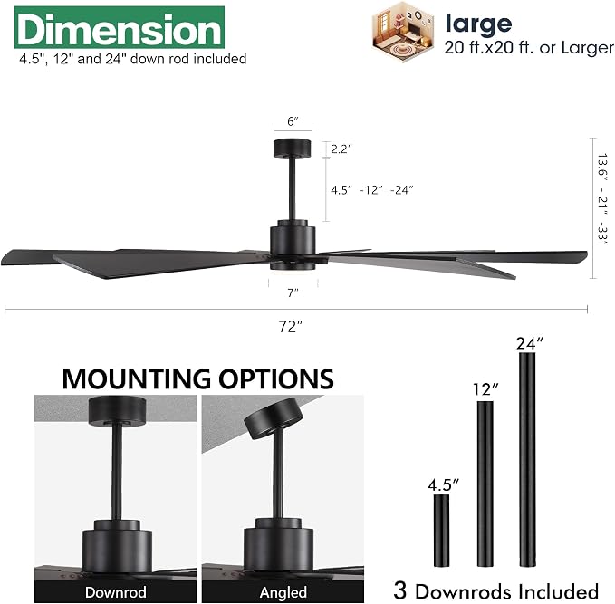 72" DC Ceiling Fan with Lights and 3 Downrods, Matte Black, 8 Plywood Blades, 6-Speed Reversible DC Motor, Large for Kitchen