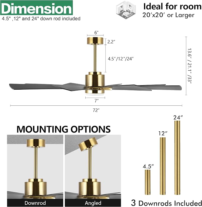 72" DC Ceiling Fan with Lights and Remote, Gold and Black Ceiling Fan w/ 3 Downrods, 8 Plywood Blades, 6-Speed Reversible DC